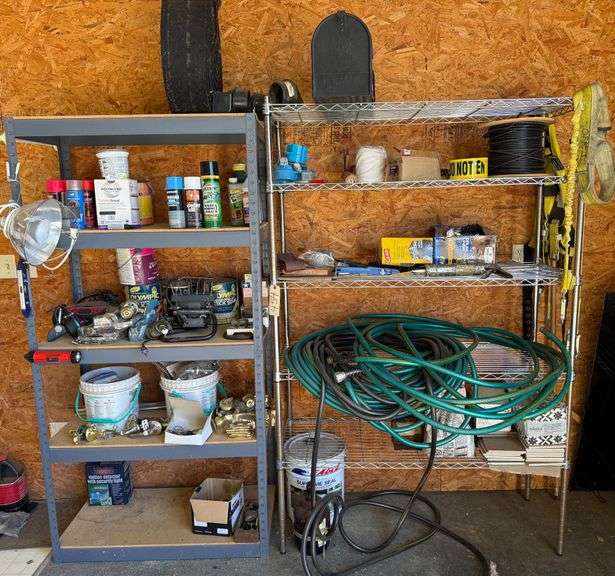TWO METAL SHELVES, ONE WITH FIVE SHELVES, THE OTHER WITH FIVE SHELVES - ONE IS STAINLESS STEEL, THE OTHER IS METAL WITH WOODEN SHELVES AND CONTENTS: WASP HORNET KILLER, BLOCKING MECHANISMS, FISHING TACKLE, AM/FM/CD PLAYER, HOSES, COAX CABLE AND MAILBOX image