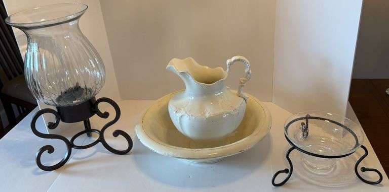 WARRANTED PRINCESS BOWL AND PITCHER, CRACKLE GLASS BOWL IN IRON STAND, LARGE GLASS HURRICANE STYLE CANDLEHOLDER W/ IRON BASE image