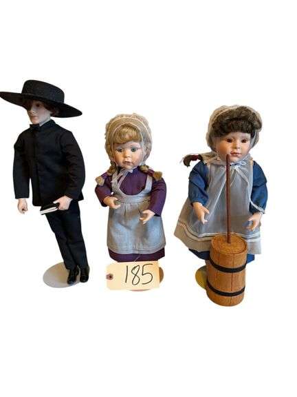 3 THE DANBURY MINT AMISH PORCELAIN DOLLS BY FAYZAH SPANOS: AMISH BRIDEGROOM, ELIZA, SARAH (MISSING BASKET) - ALL W/ COA’S image