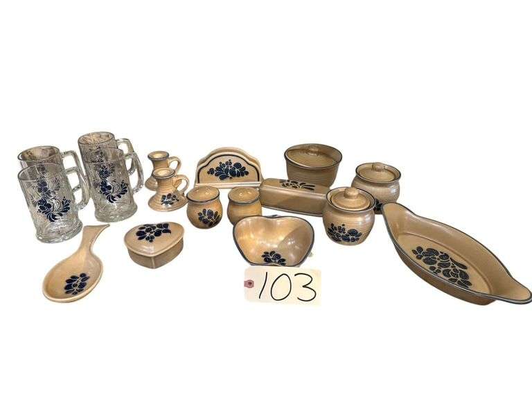 4 PFALTZGRAFF FOLK ART BIRD PATTERN CLEAR GLASS BEER MUGS; ASSORTED PFALTZGRAFF YORKTOWNE PATTERN STONEWARE SERVING PIECES TO INCLUDE 2 CANDLEHOLDERS, SPOON REST, NAPKIN HOLDER, TRINKET BOX, BUTTER DISH, COVERED ROUND BOWL, 2 SUGAR BOWLS, APPLE SERVING DISH, AU GRATIN DISH image