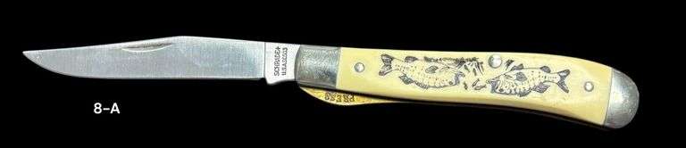 SCHRADE U.S.A. POCKET KNIFE, SINGLE BLADE TOOTHPICK STYLE W/ SCRIMSHAW TYPE FISH ON BONE COLOR HANDLE - 7" LONG INCLUDING BLADE, 3 7/8" CLOSED image