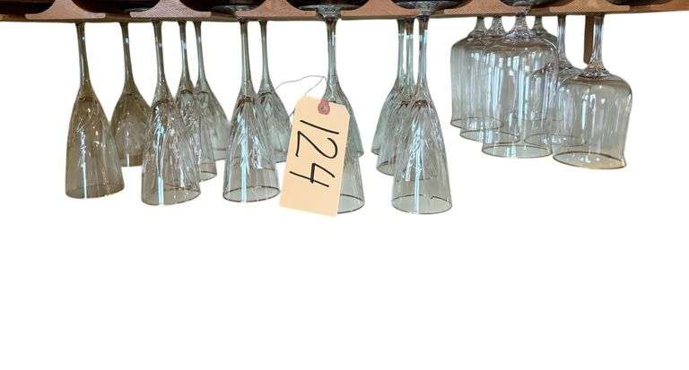 4 ICED TEA GOBLETS, 2 LONG STEM WATER GOBLETS W/ GOLD COLOR TRIM, 12 LONG STEM CHAMPAGNE GLASSES W/ GOLD COLOR TRIM image