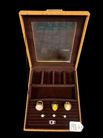 FASHION JEWELRY RINGS, 3 LARGE SIZE WITH ONE CAMEO, 1 PINK STONE AND 1 AMBER STONES, 3 SOLITAIRE RINGS, 1 RING WITH RUBILITE STONES - RUBILITE SIZE 5, SOLITAIRE 5 1/2, 7 AND 8, OTHER SIZES ARE 2 5 1/2 AND 1 6 1/2 - IN GLASS TOP JEWELRY BOX image