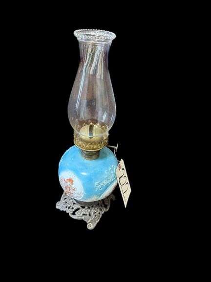 ANTIQUE OIL LAMP W/ EMBOSSED GLASS AND CAST IRON BASE, EAGLE USA BURNER image