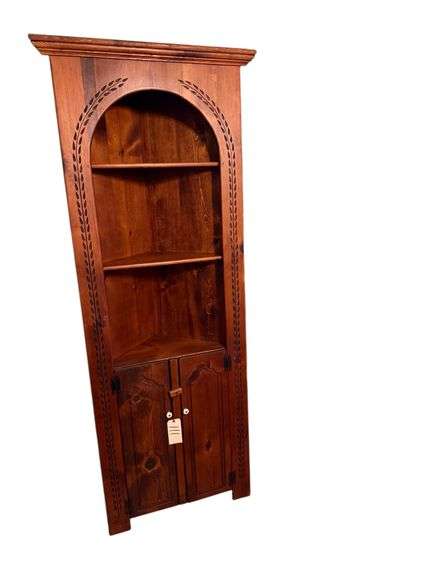 PINE CORNER SHELF W/ 3 SHELVES OVER 2 DOORS APPROX. 80” TALL X 27.5” WIDE X 13.5” AT DEEPEST image