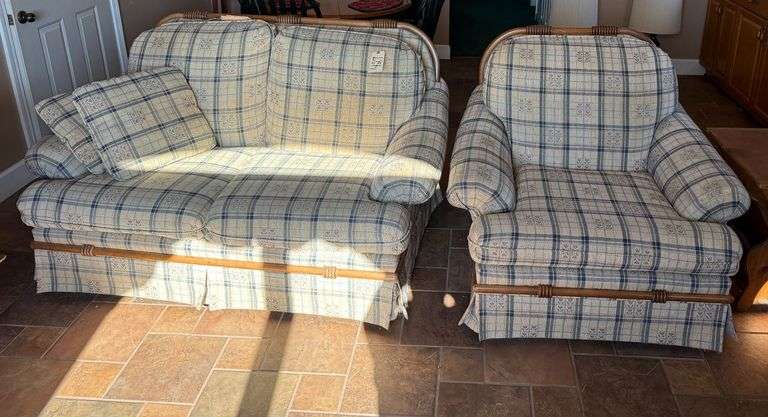 UPHOLSTERED LOVESEAT AND CHAIR AND PINE SIDE TABLE image