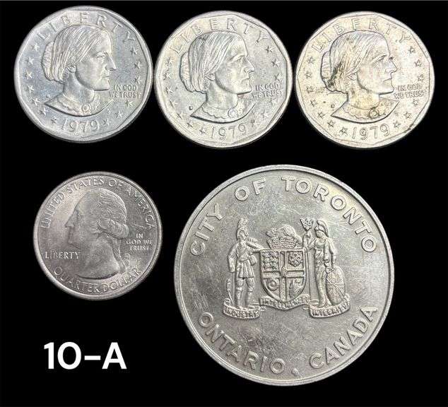 3 U.S. 1979 SUSAN B. ANTHONY ONE DOLLAR COINS, ONE "CITY OF TORONTO" TOKEN, U.S. QUARTER "SHAWNEE" 2016 image