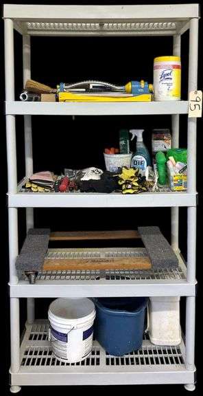 PLASTIC 5 SHELF UNIT WITH CONTENTS: BADMINTON RACKETS, SIDEWALK CHALK, HEAVY DUTY BUNGEE CORDS, BUCKETS, GARDENING TOOLS AND MORE image