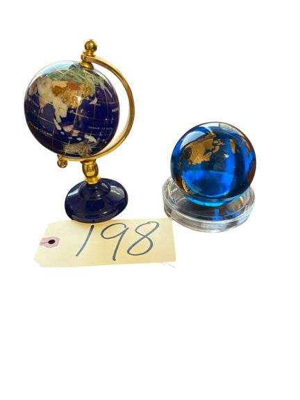 SMALL GLOBE PAPERWEIGHT W/ GLASS HOLDER, SMALL GLOBE STANDING APPROX. 6” TALL image