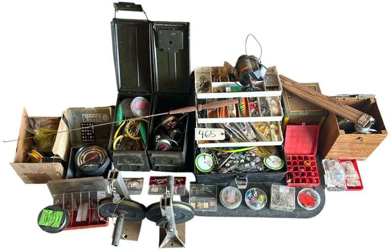 ASSORTMENT OF FISHING TACKLE, INCLUDING TACKLEBOX WITH LURES, FISHHAWK 200 FEET TEMPERATURE DIGITAL DEPTH COUNTER, HOOKS, LURES, REELS, COLOR SELECTOR, FISHFINDER AND FISHING STRING image