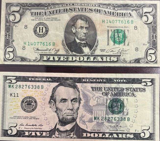 VINTAGE 1974 SERIES $5 DOLLAR BILL, SERIES 2013 $5 DOLLAR BILL - BUYING BOTH BILLS image