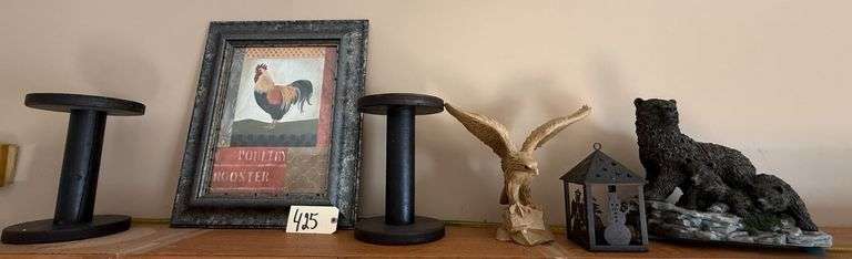 ANTIQUE SPOOLS, PRINT OF ROOSTER, EAGLE SCULPTURE, SNOWMAN CANDLE HOLDER AND BEAR SCULPTURE image