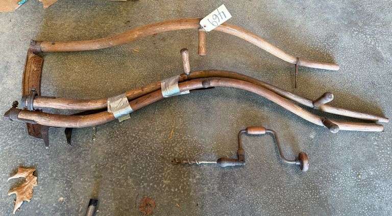 VINTAGE BRACE AND BITS, THREE BRIAR SCYTHES WITH BLADES image