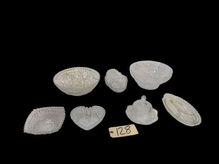 AMERICAN PRESCUT SERVING BOWL, 2 PRESSED GLASS CANDY DISHES, PRESSED GLASS BUTTER DISH W/ LID, DIVIDED RELISH, OTHER PRESSED GLASS RELISH DISH, OTHER PRESSED GLASS SERVING BOWL image