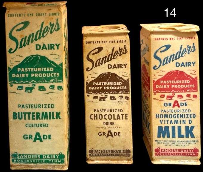 3 SANDERS DAIRY VINTAGE MILK CARTONS: BUTTERMILK, CHOCOLATE AND WHOLE FROM SANDERS DAIRY IN ROGERSVILLE, TN image