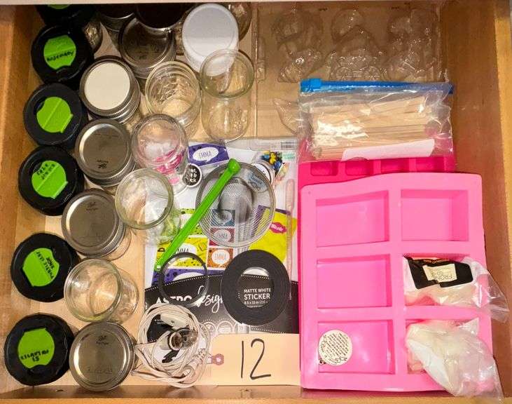 19 - 4 OUNCE JELLY JARS, CANDY MOLDS, 3 SILICONE MOLDS, BAG OF CANDY STICKS image