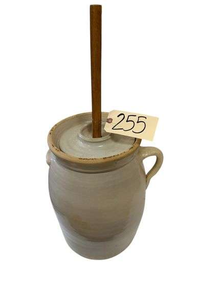 VINTAGE CROCK CHURN W/ PORCELAIN LID AND DASHER image