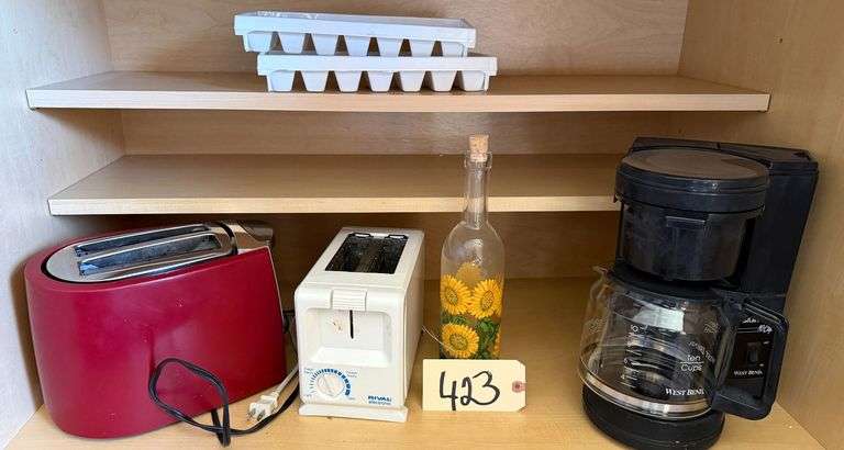 RIVAL TOASTER, TOASTMASTER TOASTER, SUNFLOWER VINEGAR BOTTLE, ICE TRAYS AND A WEST BEND TIN CUP COFFEE MAKER image