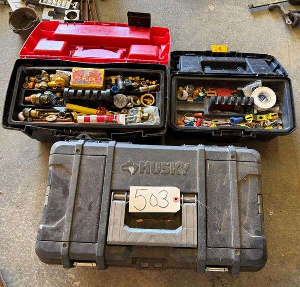 3 PLASTIC TOOLBOXES WITH PLUMBING AND ELECTRICAL ACCESSORIES image
