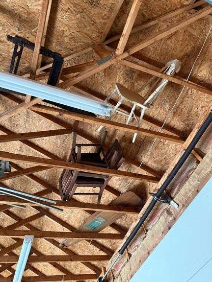 TWO MISSION OAK CHAIRS, ONE VINTAGE IRONING BOARD AND TWO OTHER CHAIRS image