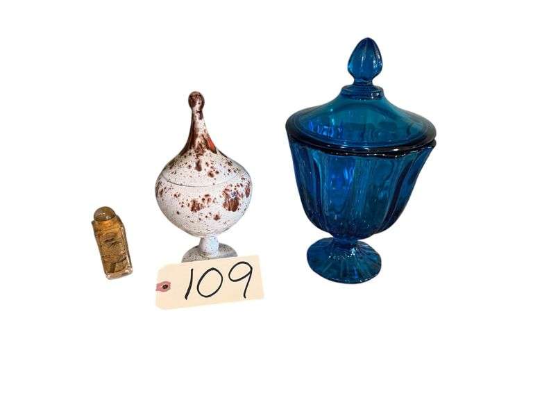 VINTAGE PEACOCK BLUE GLASS FOOTED COMPOTE W/ LIDS, VINTAGE LIDDED ART SPECKLE GLAZE STUDIO POTTERY PIECE, CHINESE INSIDE-PAINTED SNUFF BOTTLE image