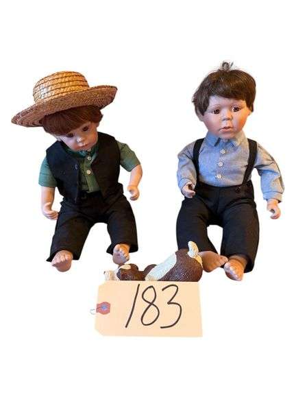 2 THE DANBURY MINT AMISH PORCELAIN DOLLS APPROX. 9” TALL SITTING HEIGHT W/ COMPOSITE DOG image