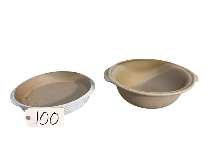 THE PAMPERED CHEF ROUND STONEWARE BAKER APPROX. 11“ DIAMETER, THE PAMPERED CHEF DOUBLE HANDLED MIXING BOWL MARKED “K” APPROX. 12“ DIAMETER image