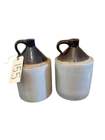2 BROWN OVER TAN CROCK JUGS image