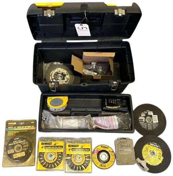 STANLEY PLASTIC TOOL BOX WITH ZIRCON SONIC MEASURING TOOL, LASER LEVEL, CRAFTSMAN NUT DRIVERS, MASONRY CONCRETE 7.25 CUT OFF BLADES, 2 NIP 4 INCH FULL CABLE TWIST WIRE WHEEL image