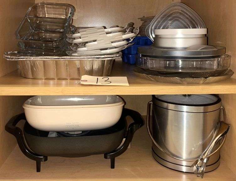 RIVAL ELECTRIC SKILLET, ALUMINUM ICE BUCKET WITH TONGS, 2 - 11 X 16 DISPOSABLE FOOD TRAYS, FOOD SCALE, 3 PLASTIC ICE TRAYS, GLASS DIVIDED RELISH TRAY, ROUND GLASS PLATTER, PLASTIC DIVIDED CHIP AND DIP, 4 GLASS DIVIDED CONTAINERS WITH LIDS, ASSORTMENT OF DISPOSABLE STORAGE CONTAINERS WITH LIDS image