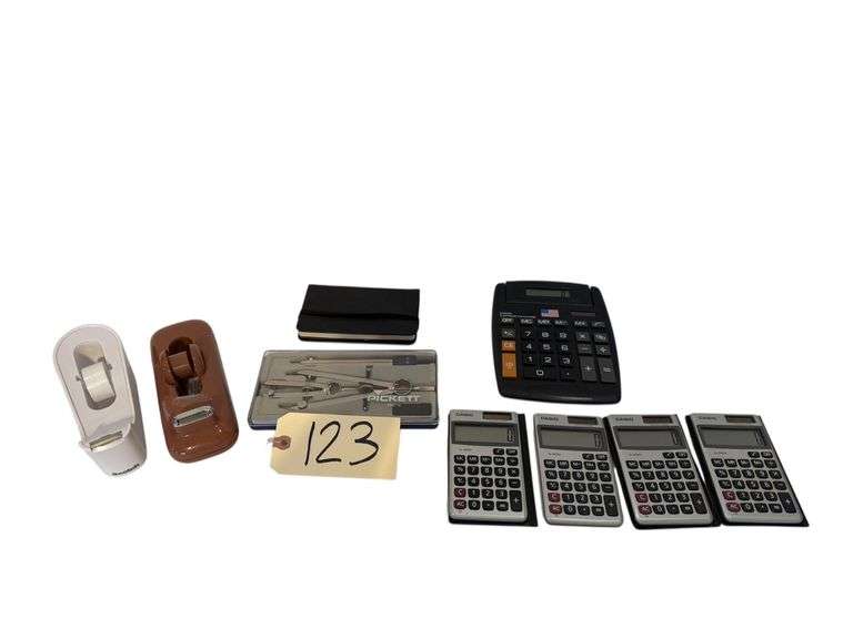 PICKETT 1601 N VINTAGE DRAFTING SET, SMALL ASSORTMENT OF CALCULATORS, POCKET DIARY, 2 TAPE DISPENSERS image