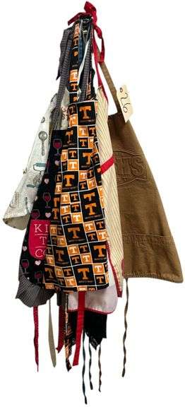 ASSORTMENT OF 6 APRONS: UT, VALENTINE, SUNFLOWER, COOKING UTENSILS, CHRISTMAS, BLACK LACE, DENIM JULY 4TH, BUSH'S BEANS image