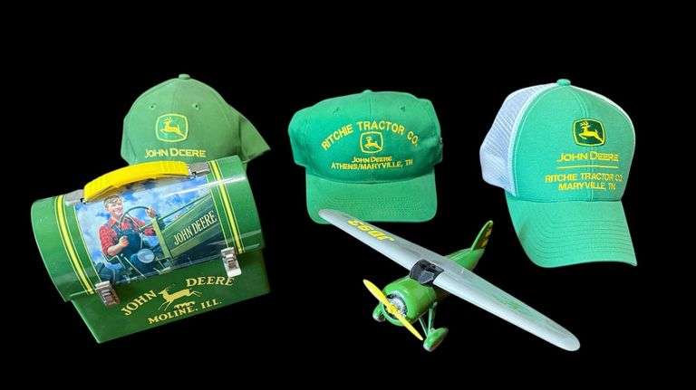 JOHN DEERE TIN LUNCH BOX, DIE-CAST JOHN DEERE AIRPLANE, 3 JOHN DEERE HATS image