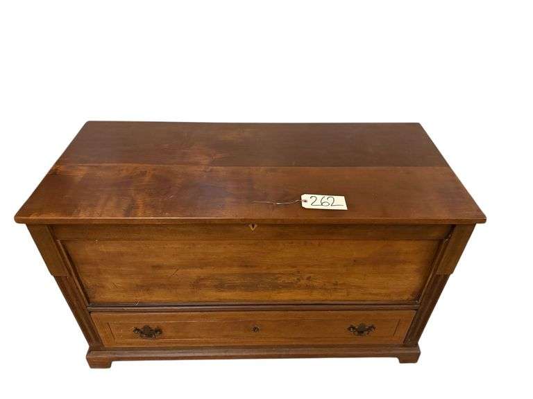 ANTIQUE RAISED WOODEN CHEST W/ PANELED BACK AND SIDES - HAND DOVETAILED DRAWER ON BOTTOM - APPROX. 29.5” TALL X 48” WIDE X 21.25” DEEP image