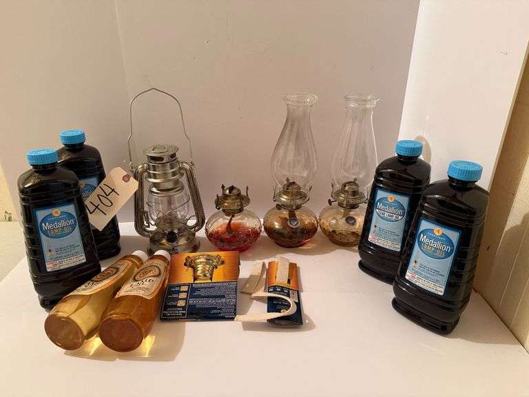 TWO LAMPLIGHT FARMS OIL LAMPS, ONE KEROSENE LANTERN, ONE OIL LAMP NO GLOBE WITH BURNER WICKS AND LAMP OIL image