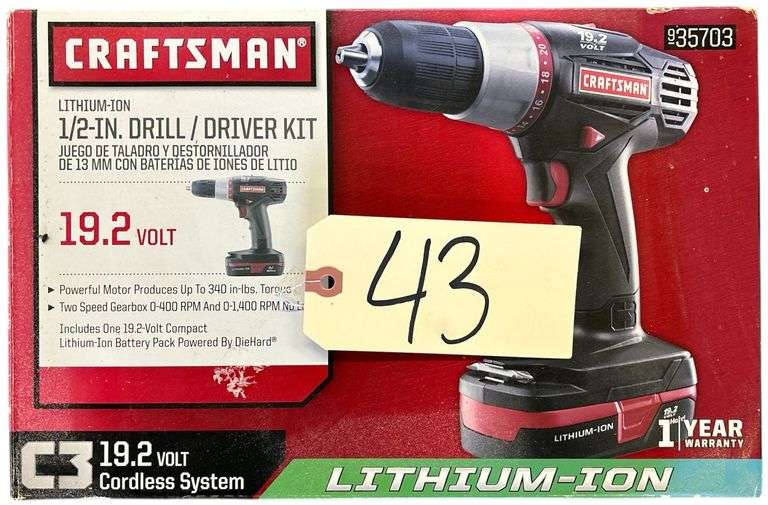 NIB CRAFTSMAN 19.2 V 1/2 INCH LITHIUM ION CORDLESS DRIVER KIT image
