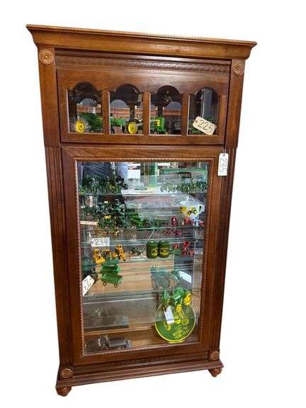 WOODEN DISPLAY CABINET W/ 2 GLASS SIDE DOORS AND 5 GLASS SHELVES APPROX. 80.5” TALL X 40.25” WIDE X 13” DEEP image