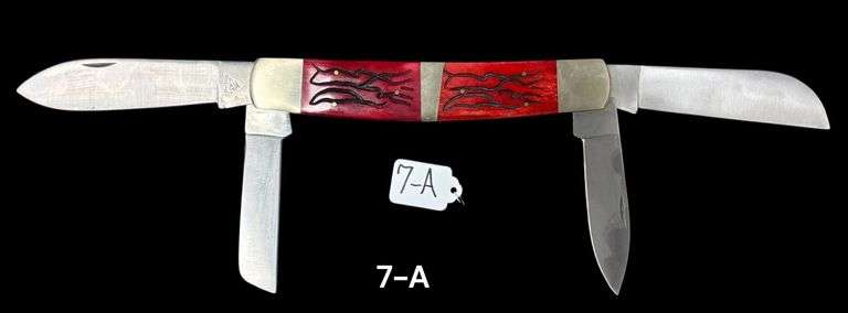 LARGE "POCKET KNIFE", FROST CUTLERY, 4 BLADES, APPROXIMATELY 19" FROM BLADE TO BLADE, APPROXIMATELY 8 1/4" CLOSED - BONE TYPE HANDLE AND BRASS LINING - LOCKING BLADE image