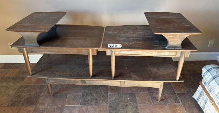 2 MID-CENTURY MODERN END TABLES AND ONE MID-CENTURY MODERN COFFEE TABLE, SURFBOARD STYLE image