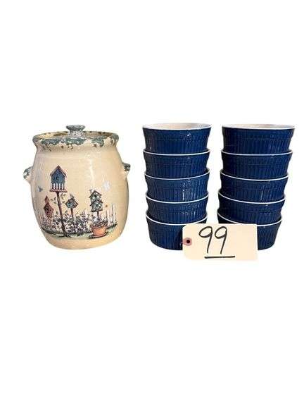 MARSHALL POTTERY MARSHALL, TX 1999 STONEWARE PITCHER BY BRIAN MILLER, 10 WORLD MARKET 10 OZ. RAMEKINS image