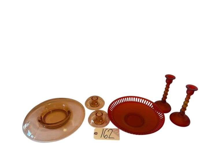 PINK DEPRESSION CONSOLE BOWL W/ 2 CANDLEHOLDERS, SATIN GLASS CONSOLE BOWL W/ 2 CANDLEHOLDERS image