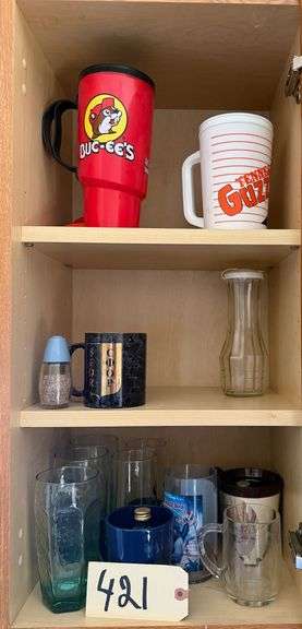 ASSORTED COFFEE MUGS AND DRINKING GLASSES, 26 PIECES OF EVERYDAY STONEWARE CHINA AS IS, FIRE KING 2 QUART GRADUATED MIXING BOWL, COFFEE POT, LITTLE DIPPER ONE AND A HALF QUART AND OTHER PLASTICWARE image