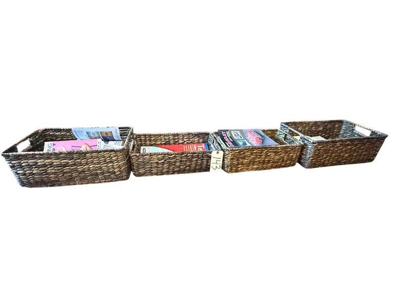 4 WOVEN MAGAZINE BASKETS - 2 APPROX. 19.5” X 12”, 2 APPROX. 17.5” X 10” - W/ ASSORTMENT OF MAGAZINES image