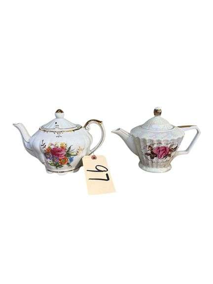 NORLEANS CHINA TEAPOT W/ LUSTER FINISH - PINK ROSE AND GOLD TRIM PATTERN, OTHER JAPAN MUSIC BOX TEAPOT AS-IS/NON-RUNNING - BOTH APPEAR TO BE IN GOOD AESTHETIC CONDITION image