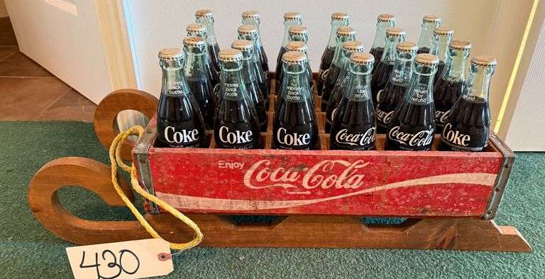 24 BOTTLED COKES IN OLD VINTAGE COKE TRAY ON SLED image