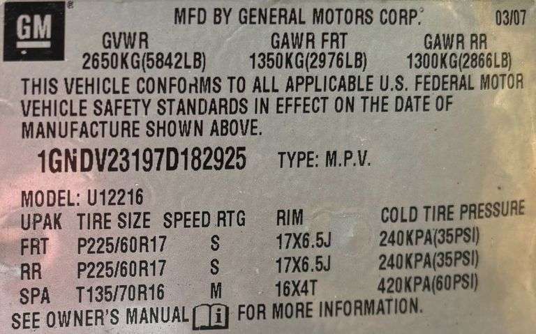 2007 SILVER CHEVROLET UPLANDER LT - HAS KEY - HAS TENNESSEE TITLE. VIN: 1GNDV23197D182925