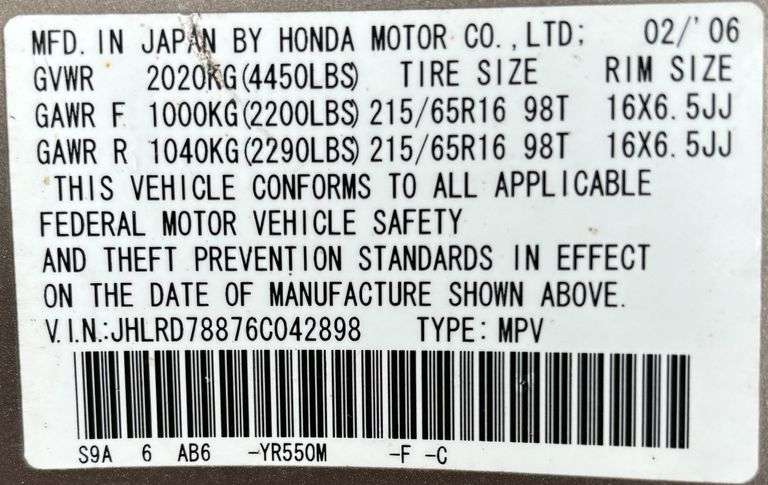 HONDA CR-V 4WD - HAS KEY - HAS WEST VIRGINIA TITLE. VIN: JHLRD78876C042898 - TIRES APPEAR TO BE INFLATED