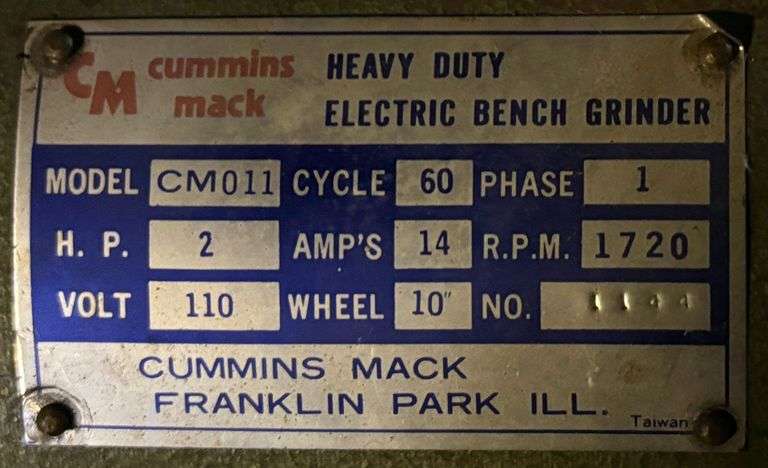 CUMMINS MACK HEAVY DUTY ELECTRIC BENCH GRINDER W/ STAND