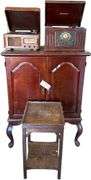 ANTIQUE AUTOMATIC RADIO AS-IS, CROSLEY CD PLAYER/RADIO/RECORD/CASSETTE PLAYER, WOODEN ENTERTAINMENT CENTER, VINTAGE WOODEN LAMP STAND (READY TO BE REFINISHED)