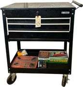U.S. GENERAL 3-DRAWER TOOL BOX ON ROLLERS W/ CONTENTS TO INCLUDE AIR INLINE SANDER, SCREWDRIVERS, WRENCH, BLACK & DECKER DRILL BITS, OTHER TOOLS, ETC.